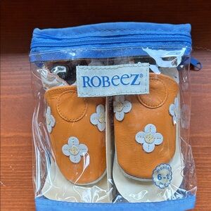 Robeez Orange Leather Baby Shoes with White Flower Appliqués